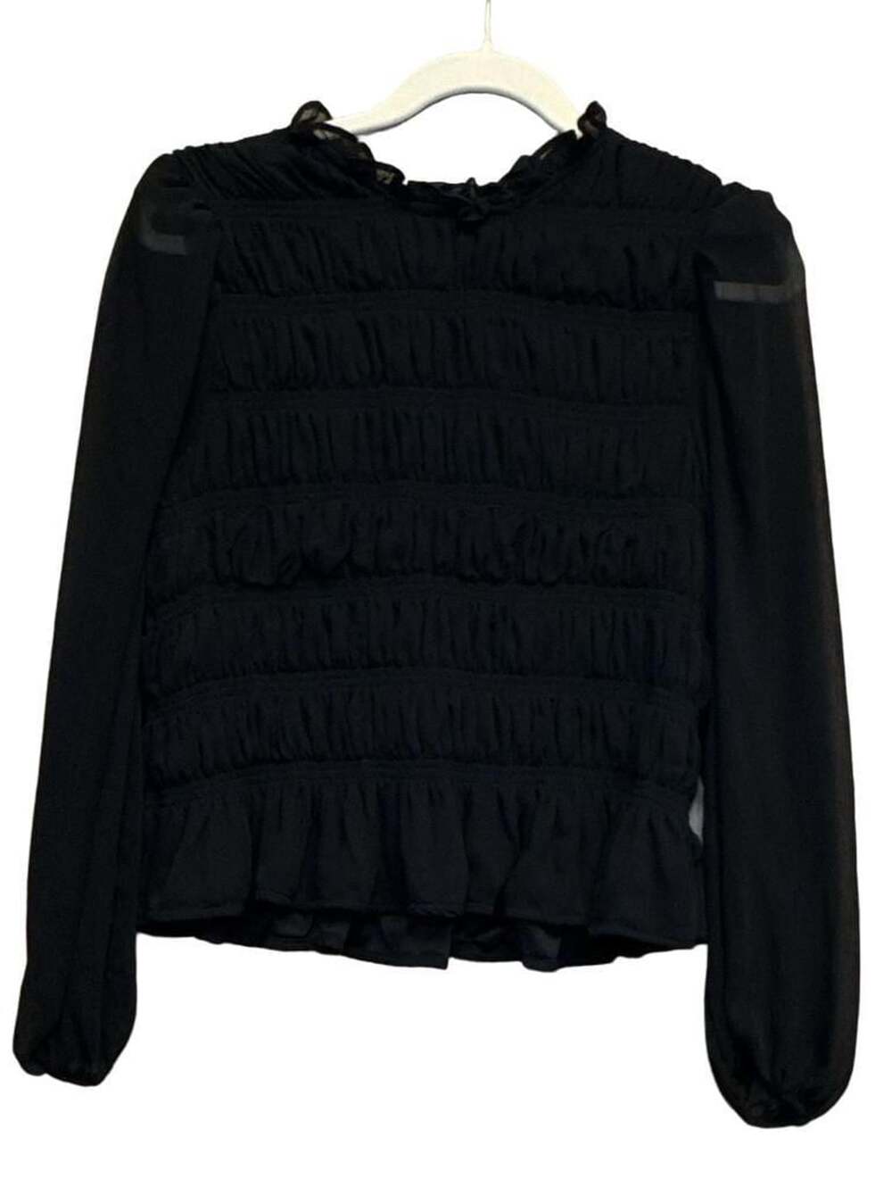 Marc New York Andrew Marc Black Smocked Long Sleeve Ruffle Blouse